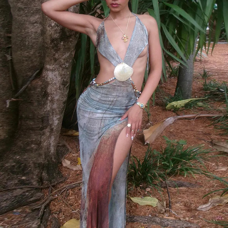 Deep V Girl Halter Lace-up Backless High Waist Dress - Bellarte Enchanté Deep V Girl Halter Lace-up Backless High Waist Dress